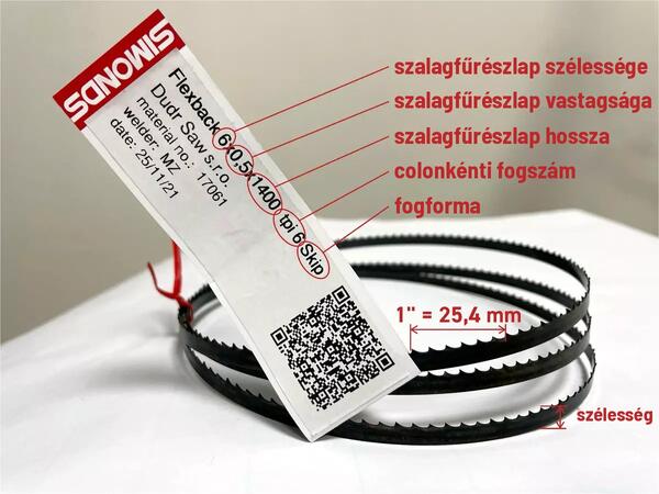 Címke a Simonds szalagfűrészlapon: szélesség × vastagság × hossz (6 × 0,5 × 1400 mm), colonkénti fogszám és fogforma (6 Skip), mellette QR-kód az újrarendeléshez.